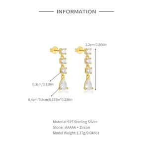 Detailed measurement of S925 sterling silver water drop earrings with AAAAA cubic zirconia