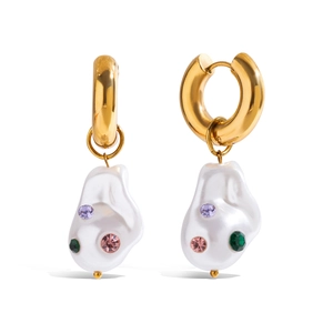 Golden hoop earrings with baroque pearl pendants and multi-colored gemstone inlays