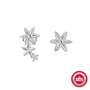 Asymmetric S925 sterling silver flower stud earrings with shimmering zircon accents