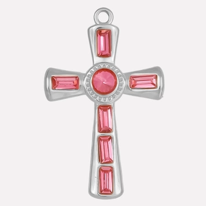 Detail of 304 stainless steel cross pendant with pink gemstones and faceted center stone