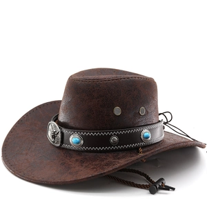 Chapeau De Cowboy Occidental Similicuir Texture Craquelée Bord Large Chapeau De Chevalier Extérieur Avec Tête De Taureau Rivets Turquoise