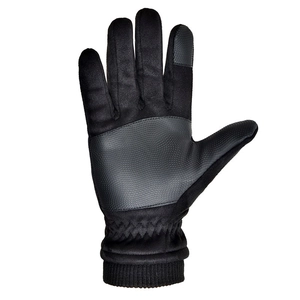 Detail of black winter gloves featuring anti-slip palm grip and touchscreen-friendly fingertips