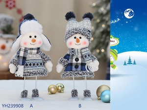 Detail showing blue knit patterns and plush textures on Christmas snowman dolls