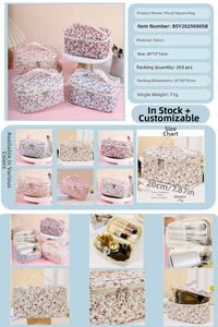 Internal detail of floral makeup bag with elastic brush slots and spacious storage