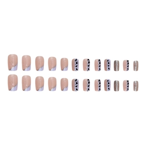 French blue glitter and heart pattern pink press-on nails set in square shape