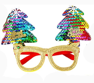 Detail of gold glitter Christmas tree glasses frame with colorful sequins and merry text