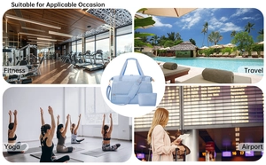 Multi-use light blue fitness bag shown in gym, travel, yoga, and airport scenarios
