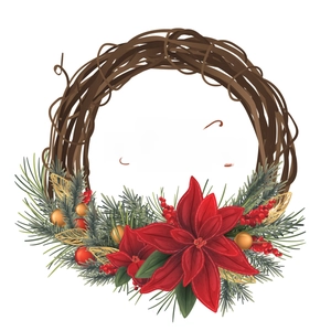 Merry Christmas wreath wall decal with poinsettia, pine needles and gold berries