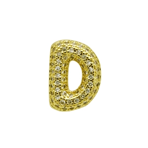 Close-up of golden letter D charm featuring micro-set sparkling crystals on white background