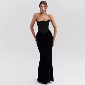 Strapless Bodycon Maxi Dress Velvet Splicing Backless Slim Fit High Waist Evening Party Celebrity Style Elegant Women
