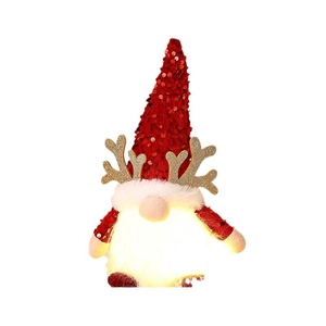 Gnome de Noël lumineux avec bois de renne et bonnet à paillettes rouges déco