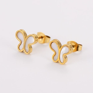 Elegant gold butterfly stud earrings with white mother of pearl inlay for women
