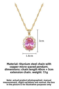 Detailed dimensions of elegant oval pink crystal necklace with cubic zirconia pave settings