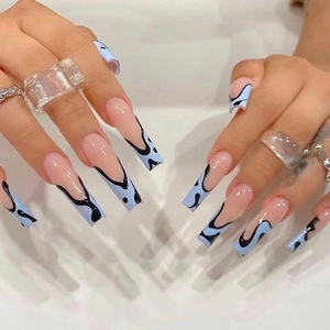 Long Coffin Press On Nails French Blue Edge Abstract Black Lines Artistic Fake Nails For Women