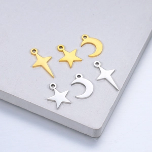 Polished stainless steel star and moon charms set in gold and silver for DIY jewelry