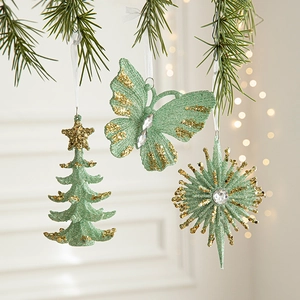 Christmas Tree Hanging Ornaments Mint Green Gold Glitter Plastic Butterfly Star Bell Ballerina For Xmas Holiday Home Party Decor
