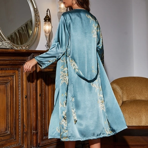 Elegant peacock blue silk robe with floral embroidery and belt for loungewear