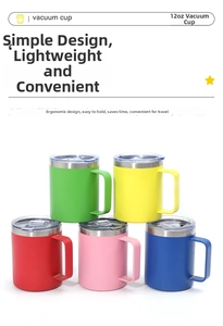 Set of five colorful 12oz vacuum insulated stainless steel mugs with ergonomic handles
