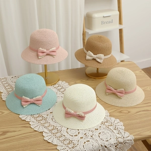 Sweet straw sun hat and bag set with polka dot bow ribbon in various colors