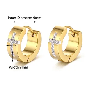 Gold-plated stainless steel cross hoop earrings with white zircon, 9mm inner diameter