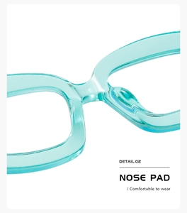 Detail showing comfortable integrated nose pad on blue translucent eyeglass frames