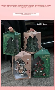 Christmas tree gift box with transparent window and handle in green and kraft paper style