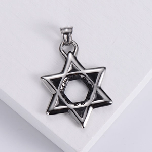 Vintage stainless steel hexagram star pendant with polished silver finish and engraving