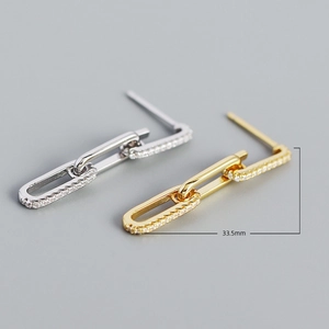 Luxe geometric chain earrings with zircon pave in gold and silver, length 33.5mm