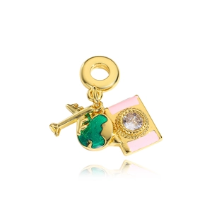 Golden travel charm set featuring a globe, airplane, and passport with a sparkling zircon
