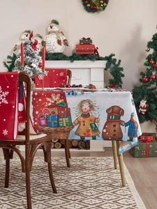 Detailed Christmas tablecloth and chair covers set with festive holiday cartoon illustrations