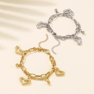 Bracelet double chaîne en acier inoxydable avec breloques cœurs et perles dorées et argentées