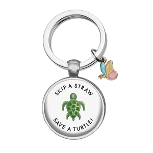 Edelstahl-Schildkröten-Schlüsselanhänger mit Save a Turtle Text und Schmetterling Anhänger