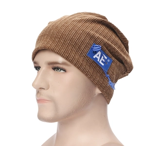 Brown ribbed knit beanie featuring a blue AE patch on a white mannequin head display