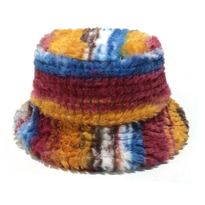 Colorful striped faux fur bucket hat with warm gradient plush texture for winter