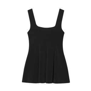 Sleeveless square neck black top with pleated flared hem on white background