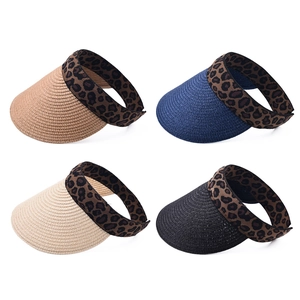 Women's leopard band straw open top sun visor hats in khaki, navy, beige and black