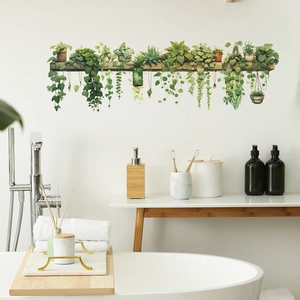 Green hanging basket plant wall stickers for living room and bathroom decoration