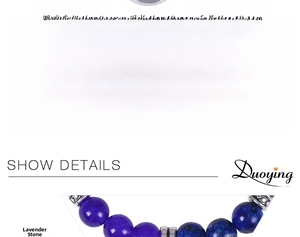 Detailed view of 8mm blue yoga stone bracelet with tree of life charm and size specs