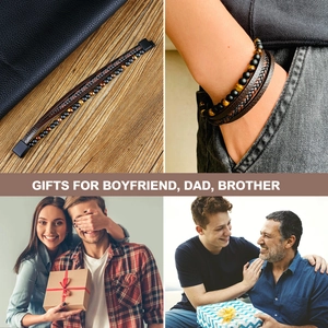 Men's leather bracelet with tiger eye beads shown in a warm gift scene for family