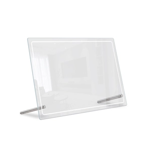 Detail of transparent acrylic weekly planner board with two metal desk display stands
