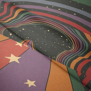 Bohemian rainbow tapestry with celestial galaxy patterns and psychedelic stars