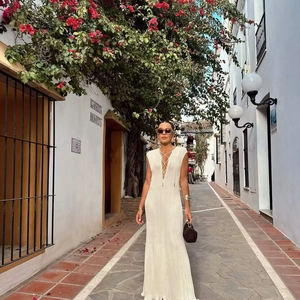 Knitted Maxi Dress Sleeveless Deep V Neck Front Tie Up Ribbed Slim Fit Summer Vacation Elegant Sexy Women White