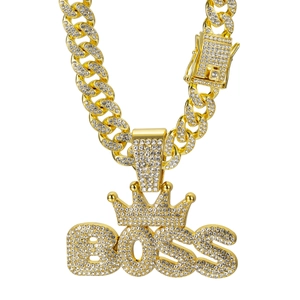 Hip hop gold Cuban link chain with iced-out rhinestone BOSS crown pendant for men