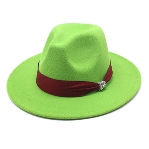 Detail of green wool fedora hat with burgundy satin band and sparkling rhinestone buckle