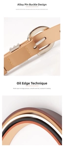 Detail of slim faux leather belt showing the silver alloy pin buckle and edge paint process
