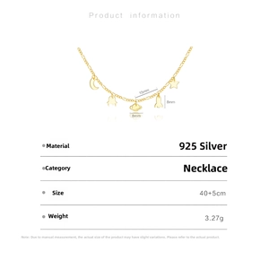 Detailed specs of S925 silver space necklace with moon and star pendant dimensions