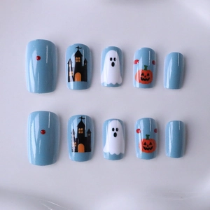 Halloween blue coffin press-on nails featuring cute ghost, pumpkin, and castle designs