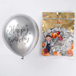 Detail of silver metallic latex balloon with Happy Birthday print and retail 50pcs packaging