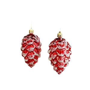 Set of red pine cone Christmas tree ornaments with white glitter snow and golden hangers