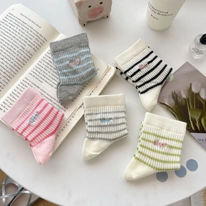 Five pairs of breathable striped cotton socks with embroidered letters for women